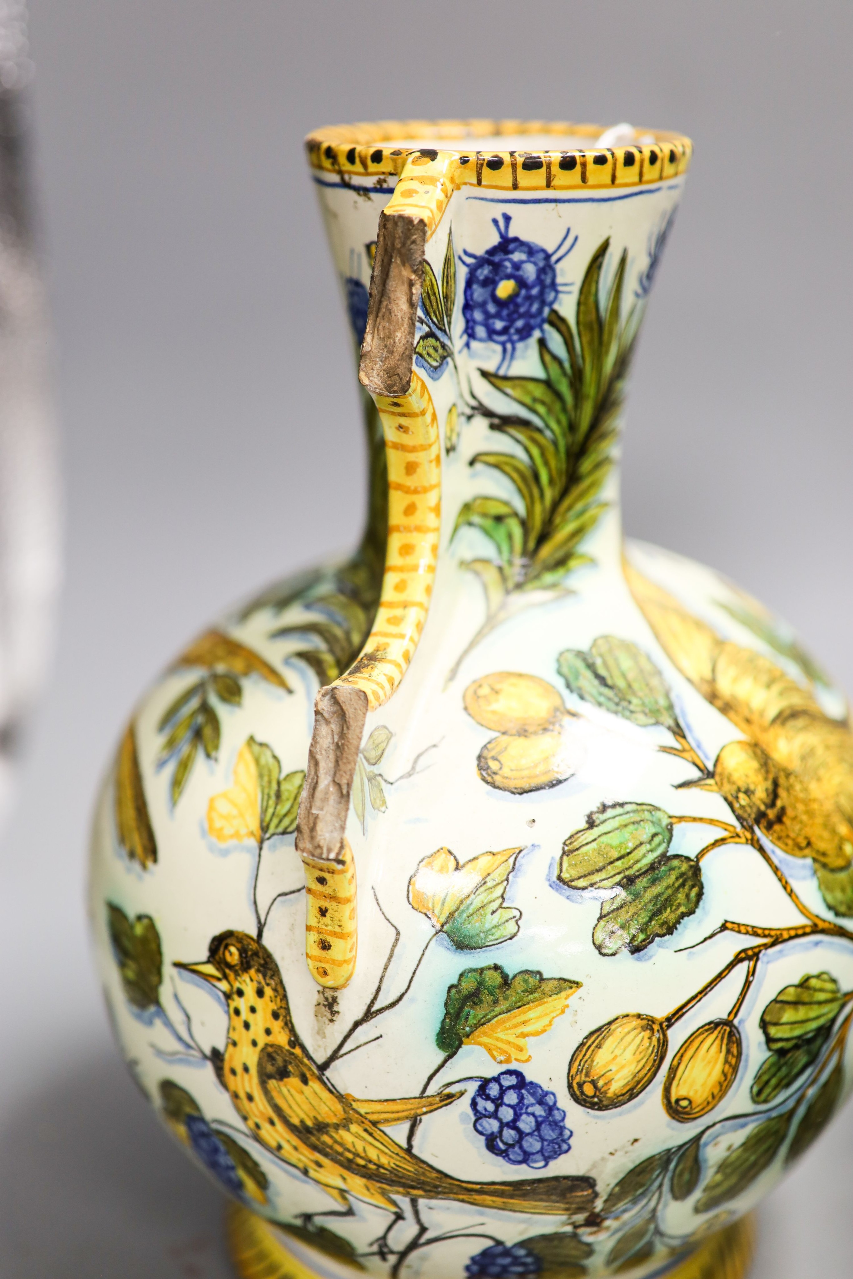 A Cantagalli maiolica vase (a.f.), a Bohemian vase and a green pottery bowl 27cm
